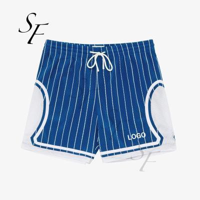 China Custom Anti-Wrinkle Embroidery Logo Stripe Printing Loose Mesh Vintage Breathable Men's Casual Basketball Shorts for sale