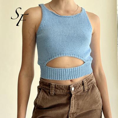 China Custom Anti-Wrinkle Summer Hollow Out Slim Fit Sleeveless Sexy Solid Color Knit Sweater Halter Top Shorts For Women for sale