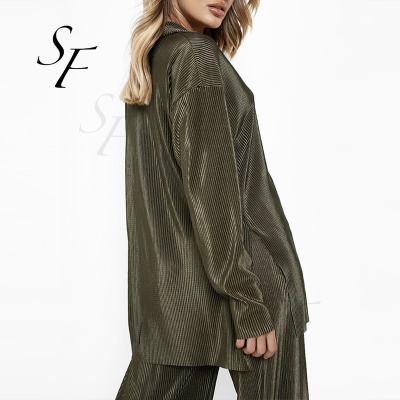 China Thermal Custom Button Ruffle Long Sleeve Solid Color Panty Oversized Ladies Loose Casual Pleated Pajamas 2 Piece Set for sale