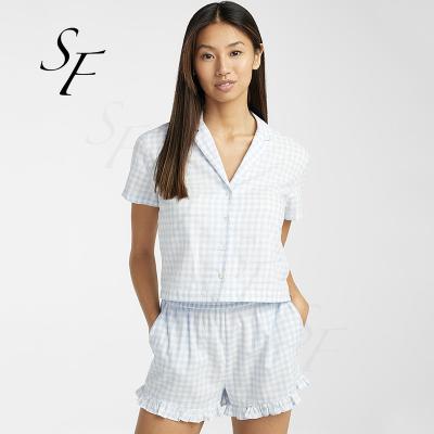 China Summer Gingham Cotton Gingham Lounge Sleepwear Slope Pocket Design Thermal Custom Casual Organic Shorts Lace Shorts For Women for sale