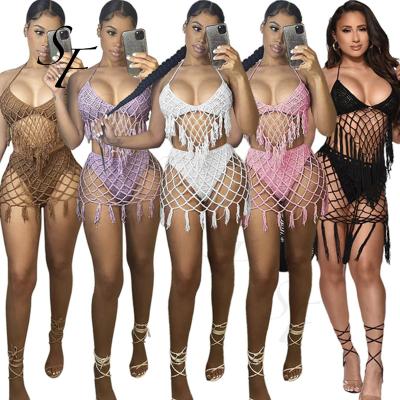 China Custom Cotton Plus Size Summer Sexy Tassel Tassel Beach Wear See Up Swim Cover Up Crochet Bikini Set For Women for sale