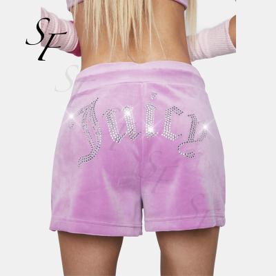 China Custom summer Anti-wrinkle drawstring rhinestone diamond logo woman velvet biker shorts sexy casual sweat shiny shorts for sale