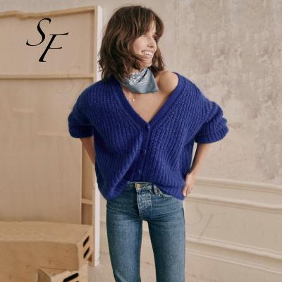 China custom winter anti-wrinkle mohair wool solid color puffed sleeve rib beaded knitwear sweater sexy v-neck knit cardigan for women for sale