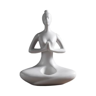 China Simple Modern Girls Lotus Pose Yoga Sculpture/White Ceramic Table Candlesticks Statue Decor, Geometric Ceramic Candle Holder for sale