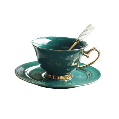 China Christmas Gift Deer Coffee Set Creative Viable Gold Handle Ceramic Cup And Saucer With Spoon for sale