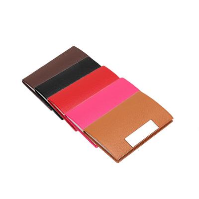 China Pocket Eco-friendly Slim Black PU Leather Stainless Steel Business Name Cards Case Holder for sale