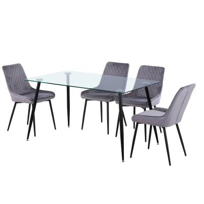 China Stable 10mm thickness glass top dining table set with 4 fabric chairs for sale for sale