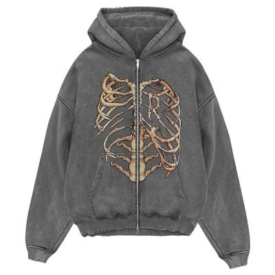 China Anti-wrinkle vintage acid wash distressed skeleton hoodie for men organic cotton zipper skeleton jacket for sale