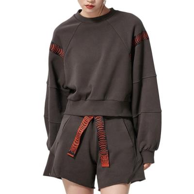 China Main High Quality QUICK DRY Finch Garment Cotton Women Crewneck Sweatshirt And Crop Shorts Set 2 Piece Set for sale