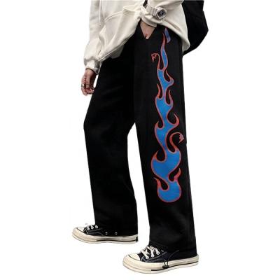 China sweatpants straight drawstring Anti-wrinkle Finch Garment custom leg flame printed mens streetwear casual pants for sale