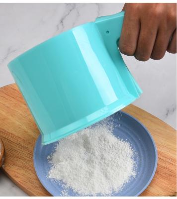 China Viable Cup Shape Mechanical Sieve Baking Icing Sugar Shaker Flour Sifter Powder Sieve with Handle Manual Baking Tool Flour Plastic for sale