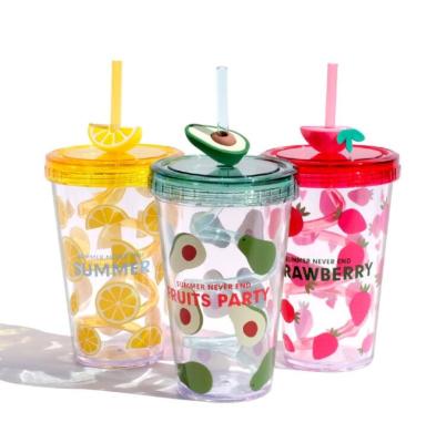 China Cute Plastic Summer Kids Fruit Shaped Plastic Water Bottles With Rotating Straw for sale