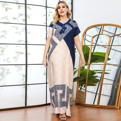 China Modest Muslimah Women Summer Dress Casual Enthic Print Chiffon Vintage Muslim Abayas Styling Muslim Abayas Plus Size Long Dress Short Sleeve for sale