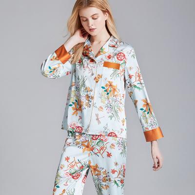 China QUICK DRY in high quality summer hot sale women running print pajama set contrast long satin piping silk pajama sleepwear set for sale