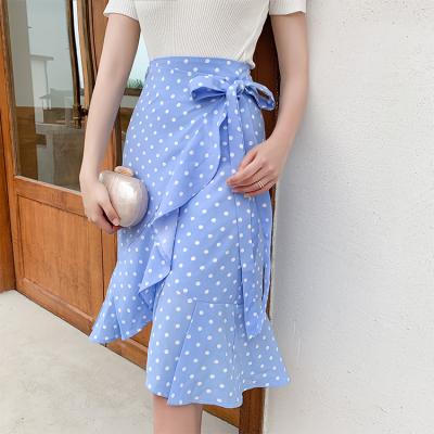 China New Arrival Plus Size Polka Dot Blue Wrap Skirts Boho Elegant High Waist Skirt Women's Asymmetrical Beach Summer Beach Skirt for sale