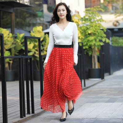 China Latest Plus Size Design Fashion Umbrella Polka Dot Printing Women Long High Waist Skirts Vintage Boho Korea Style Maxi Skirts With Pleats for sale