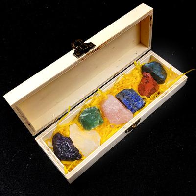 China Europe Crystal Therapy Stones Raw Chakra 7 Stone Kit Rough Meditation Set With Wooden Box Gift for sale