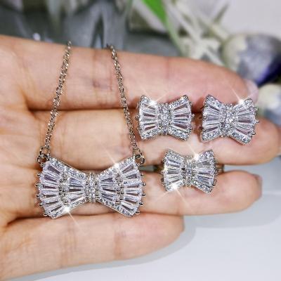 China Free Shipping Romantic 925 Sterling Silver Plated Crystal Cubic Zircon Bow Necklace Pendant Jewelry Sets for sale