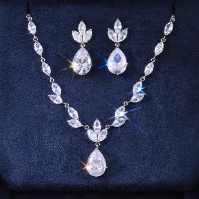 China Romantic Free Shipping Leaves and Water Drops Silver Rose Gold Bridal Wedding Engagement Zircon Jewelry Sets for Women for sale