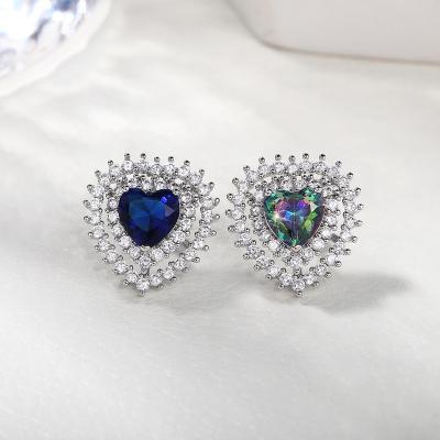 China FASHIONABLE Aretes Hollow Out Sweet Double Free Shipping Bling Colorful Blue Zircon Inlaid Lady Girls Heart Earrings for sale