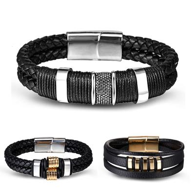 China Vintage Ear Ornament Men's Business Multi-Layer Leather Woven Alloy Magnetic Bracelet for sale