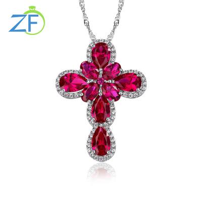 China Red 925 Sterling Silver Women's Red Pendant 925 Customs Fine High Quality Jewelry Gemstone Cross Necklace for sale