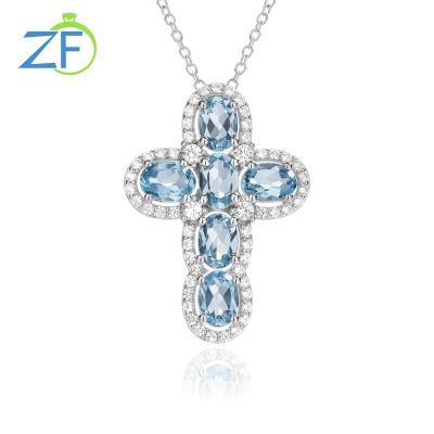 China Customized Fashion Jewelry CLASSIC Natural Blue Topaz Pendant 925 Sterling Silver Women Cross Necklace for sale