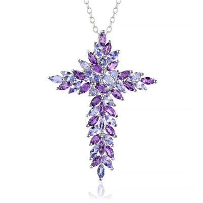 China Fashion New Product Classic Natural Amethyst Gemstone 925 Sterling Silver Cross Pendant Necklace for sale