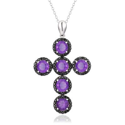 China CLASSIC Natural Black Spinel Amethyst Gemstone Pendant 925 Sterling Silver Custom Necklace Fine Cross Jewelry for sale