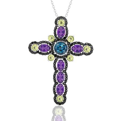 China Latest Design CLASSIC Multi Blue Topaz Amethyst Gemstone Necklace Pendant Fine Jewelry 925 Sterling Silver Cross for sale