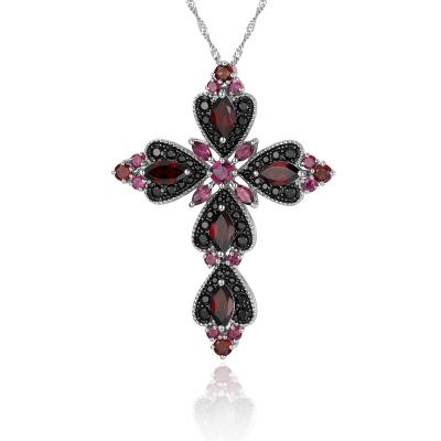 China Fashion Classic Rhodolite Gemstone Fashion Jewelry Natural 925 Sterling Silver Cross Pendant Necklace for sale