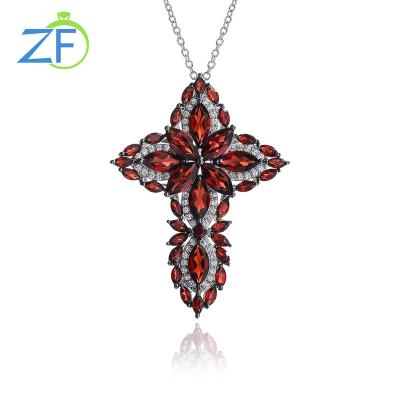 China CLASSIC Men And Women Garnet Cross S925 Sterling Silver Rhodium Plated Gem Pendant Necklace Jewelry Red for sale