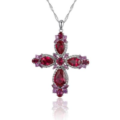 China Custom Jewelry Women's Red Gemstone 925 Sterling Silver Fine Cross Pendant Necklace Popular Religious Luxury for sale