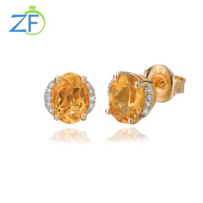 China Fashion Natural Citrin 14K Gold Plated 14K Gold Plated Diamond Jewelry Stud Earrings Customized CLASSIC for sale