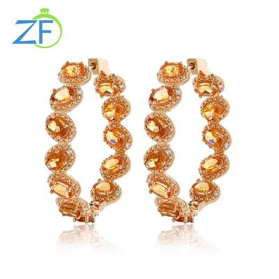 China Office/Handmade Jewelry Career Party Custom Nature Citrine Gemstone 925 Sterling Silver Women Large Hoop Earrings for sale