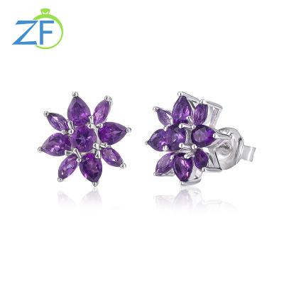 China Trendy Simple Natural Vintage Amethyst Gemstone 925 Sterling Silver Charm Snowflake Studs Earrings For Women for sale