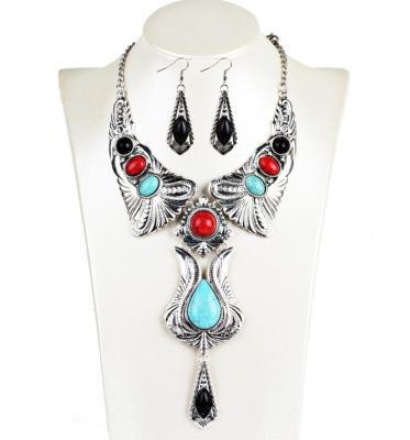 China Fashion Vintage Turquoise Leaf Stone Jewelry Set Geometric Necklace And Earrings Set Alloy Jewelry Set GL632 for sale