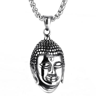 China Vintage CLASSIC Men's Antique Silver Stainless Steel Head Buddha Necklace for sale