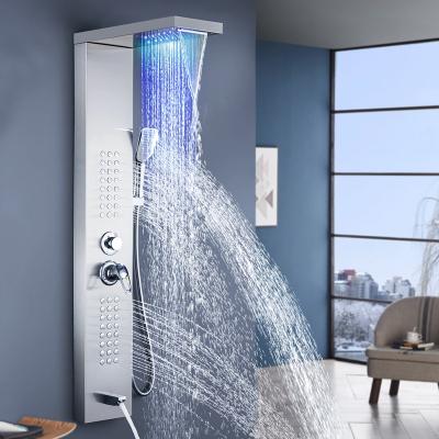 China With Sliding Bar Shower Panel Bathroom Stainless Steel Waterfall Shower Column Set Tower Massage Wall Mounted Body Jets Led Shower Panels for sale