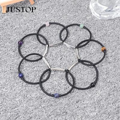 China Environmentally Friendly Vintage Handmade Single Layer Black String Ball Stone Hot Selling Natural Bar Beaded Wristband Yoga Bracelet for sale