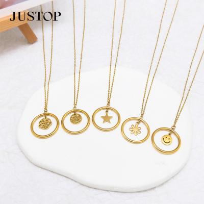 China Personalized Environmentally Friendly Jewelry Trendy Gold Plated Round Smile Face Shape Stainless Steel Chain Pressed Pendant Necklace for sale