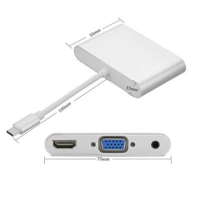 China Multiple USB-C Connects Hub Support Type C to HD-MI Multiport USB 3.1 USB C Audio Adapter to HD-MI VGA 3.5mm Converter Audio Cable for sale