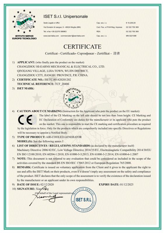 CE - Changzhou Hi-Earns Mechanical And Electrical Co., Ltd.