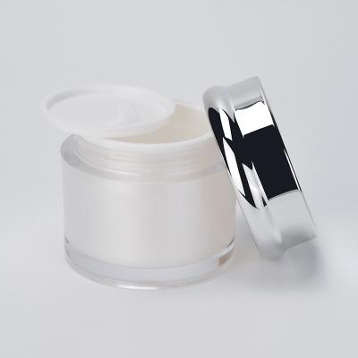 China 30g 50g empty luxury custom double wall Pearl white plastic cosmetic cream jar with metal silver lid for sale