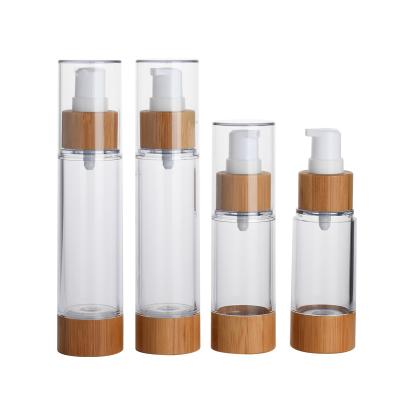 Chine Empty transparent plastic bottle 15ml 30ml 50ml Bamboo airless lotion bottle with pump lids à vendre