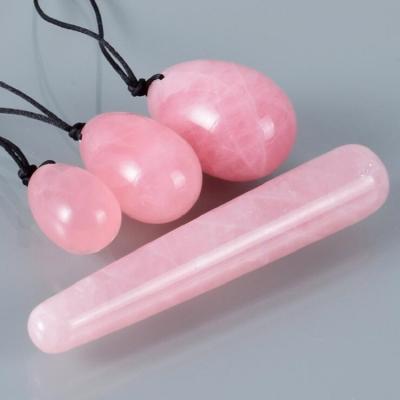 China Eggs Shaped 3 Pcs Natural Yoni Massage Stick Set Crystal Rose Quartz Yoni Eggs 1 Pcs Drilled For Kegel Exercise for sale