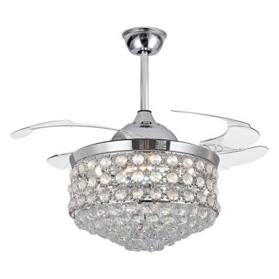 China Factory Price Modern Design Modern Fan Leaf Hidden Crystal Chandelier With Remote Control Fan Light for sale