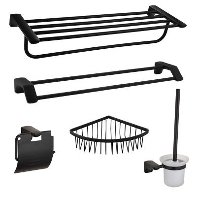 China Durable Single Matte Black 5 Piece Modern Design Bathroom Accessories Hardware Zinc Set Paper Towel Rack Basket Holder Toilet Racks for sale