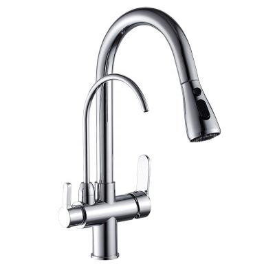 China RV Double Handle 3 Way Water Filter Kitchen Faucet Pull Down Drinking Faucet Chrome Water Purifier Brass Faucets for sale