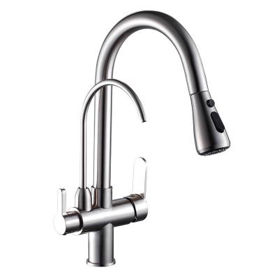 China Modern Double Handle Single Hole Drinking Water Filter Brass Pull Out Kitchen Faucet Brushed Nickel Water Purifier Faucet For Kitchen Sink for sale